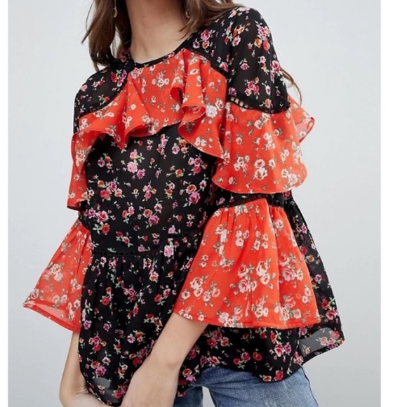 🍁 ASOS mix and match floral tiered ruffle swing top - Picture 2 of 11